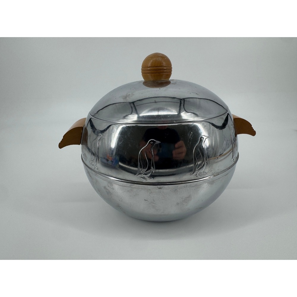 Art Deco Chrome Penguin Ice Bucket Hot Cold Server Wood MCM Vintage West Bend